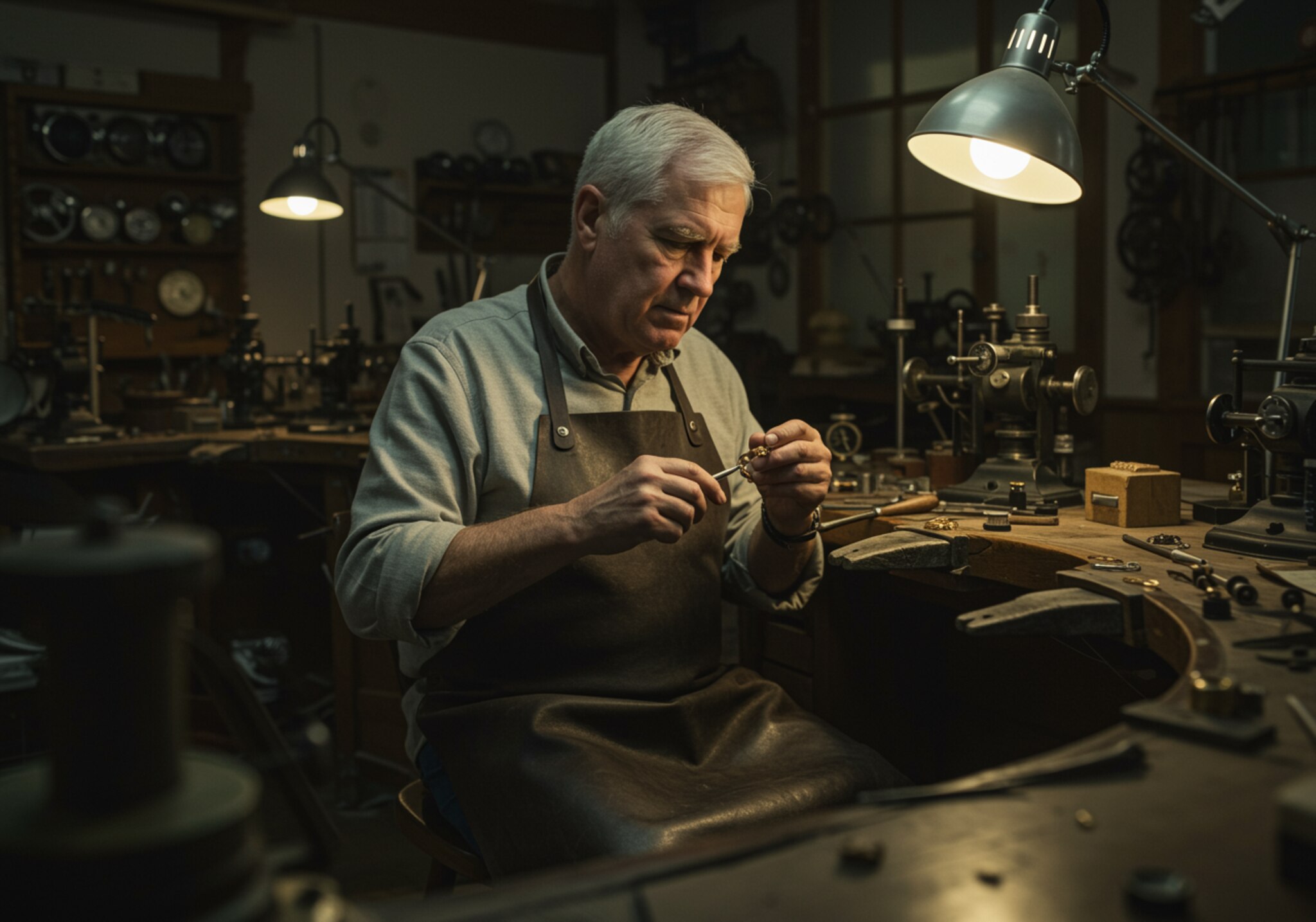 Alberto "Maestro artesano con cabello plateado y delantal de cuero trabajando en un taller clásico, moldeando un anillo de oro con herramientas antiguas, rodeado de relojes vintage y bancos de madera, reflejando más de 40 años de experiencia y tradición."