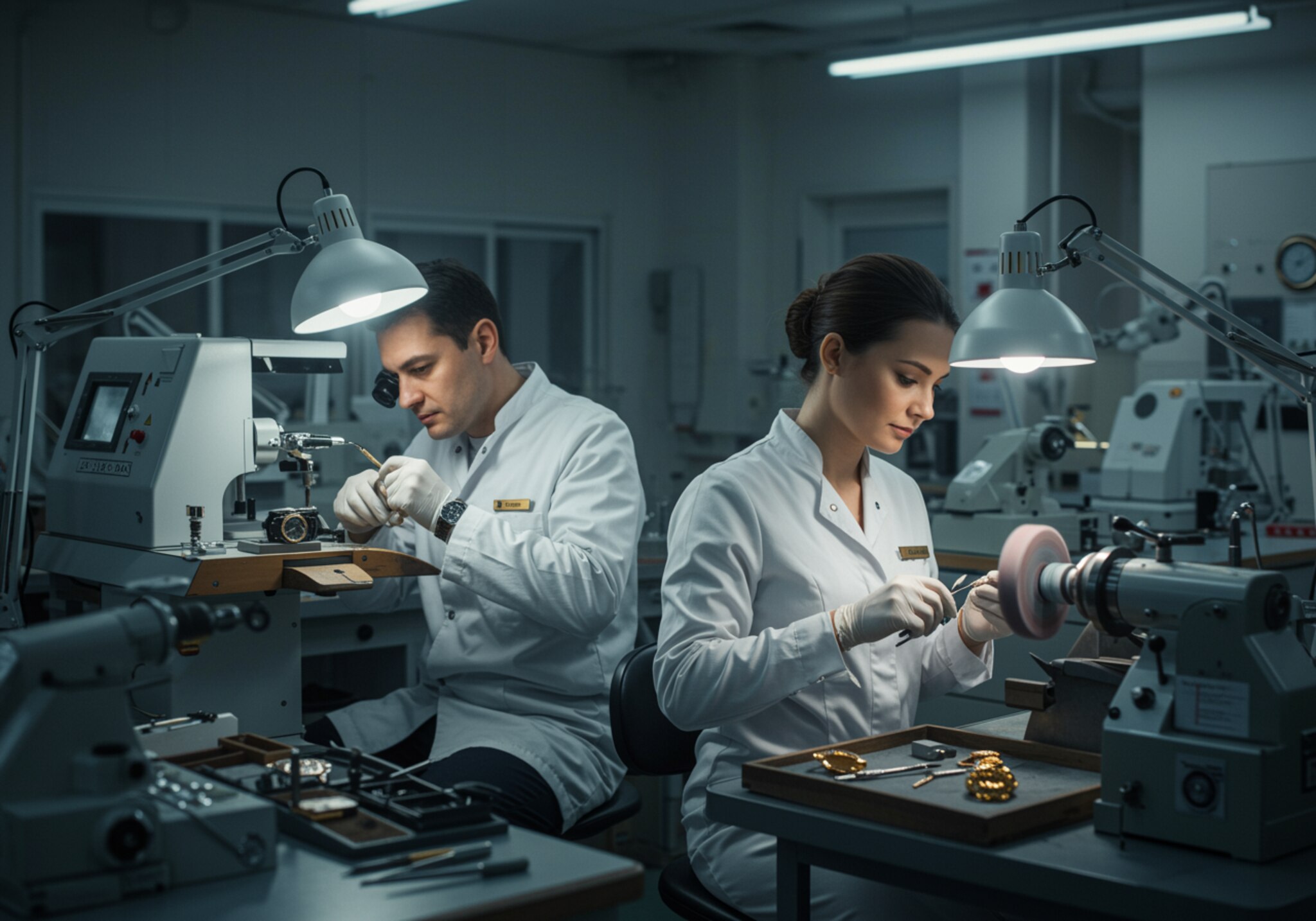 Nacho "Taller profesional de joyería y relojería con técnicos en acción, reparando relojes y personalizando joyas en un entorno moderno y limpio."