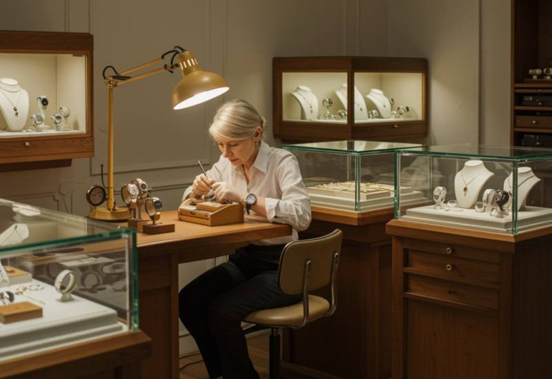 img nosotros 3 "Interior de un taller de joyería y relojería de lujo, con una artesana blanca en sus 40s grabando un reloj de oro, rodeada de elegantes joyas artesanales y un ambiente acogedor."