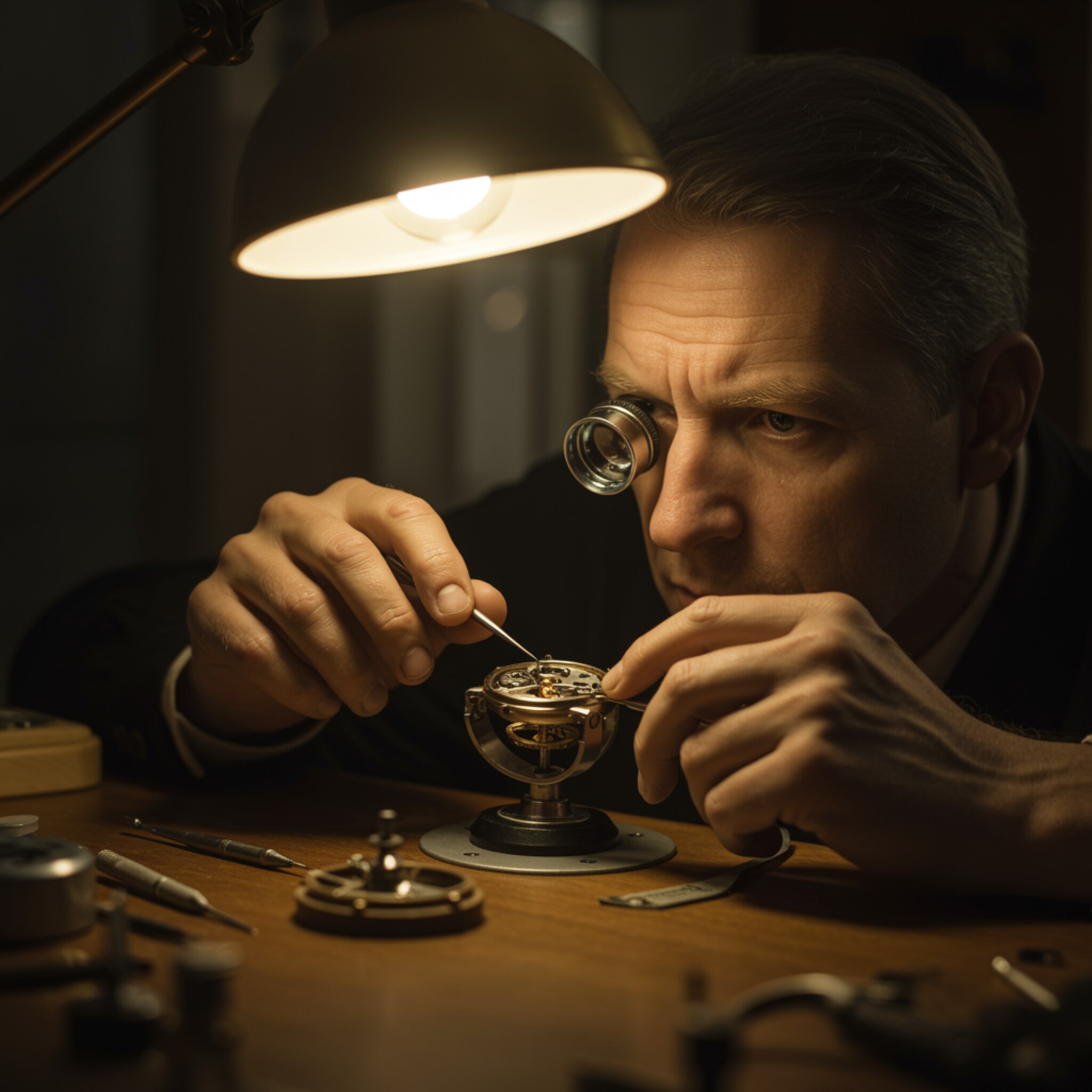 img seccion serviciosRecurso 9 100 "Relojero blanco en taller de madera ajustando movimiento de lujo con herramientas de precisión y lupa, destacando la maestría en relojería."