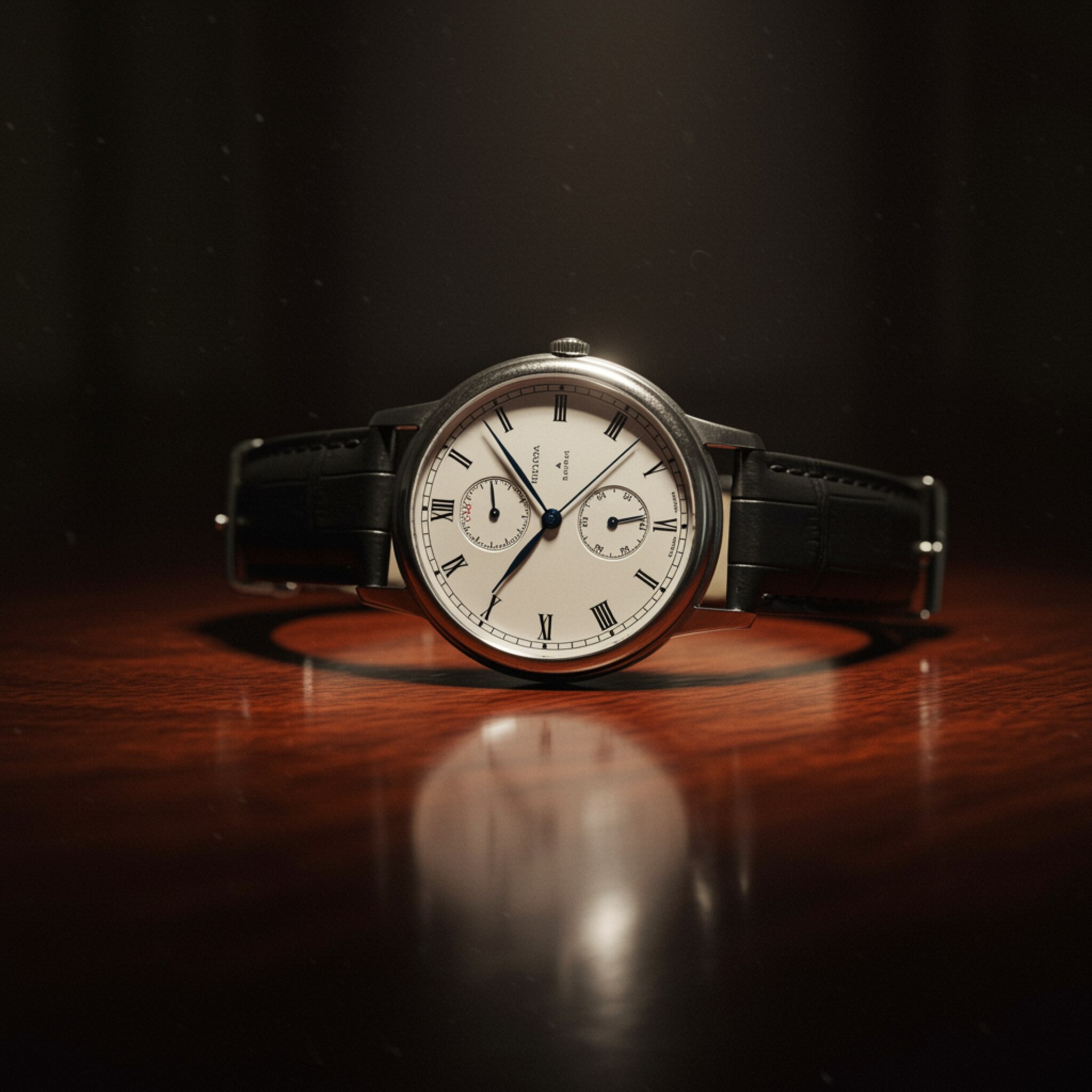 proyecto 2 "Reloj clásico hiperrealista sobre mesa de caoba, con caja de acero inoxidable, correa de cuero negro y esfera blanca minimalista con números romanos, reflejando elegancia atemporal."