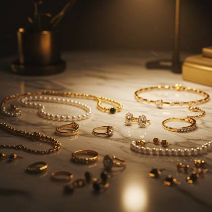 servicio edificacion 2 "Exquisita exhibición de joyería de lujo en un elegante mostrador de mármol blanco, con anillos de oro y diamantes, collares de perlas y pulseras, resaltando la artesanía exclusiva."